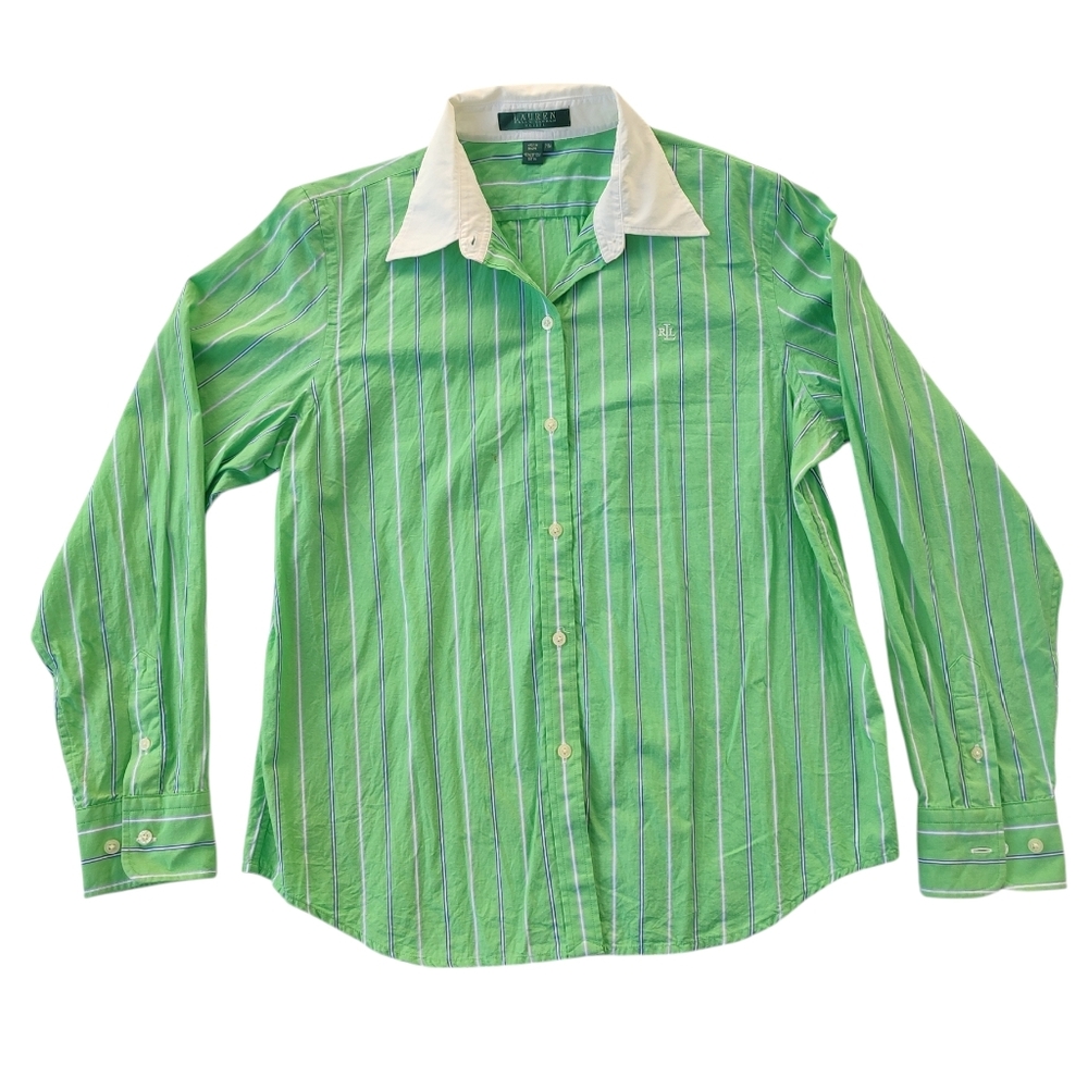 Ralph Lauren Green Striped Button-Down Shirt with White Collar